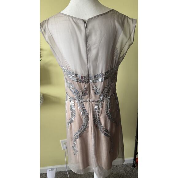 Mignon for Neiman Marcus Embellished Cocktail Dress Silver Sequin Sheer Overlay - Picture 3 of 14